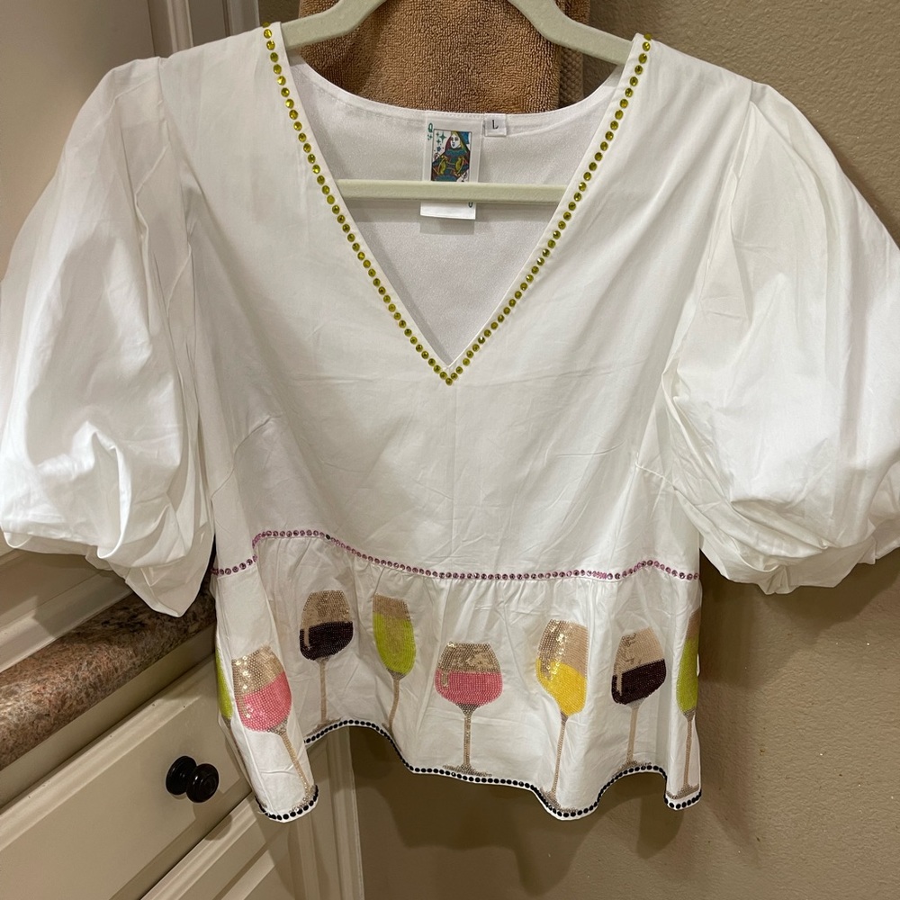 QUEEN OF SPARKLES WINE GLASS PEPLUM TOP SIZE L